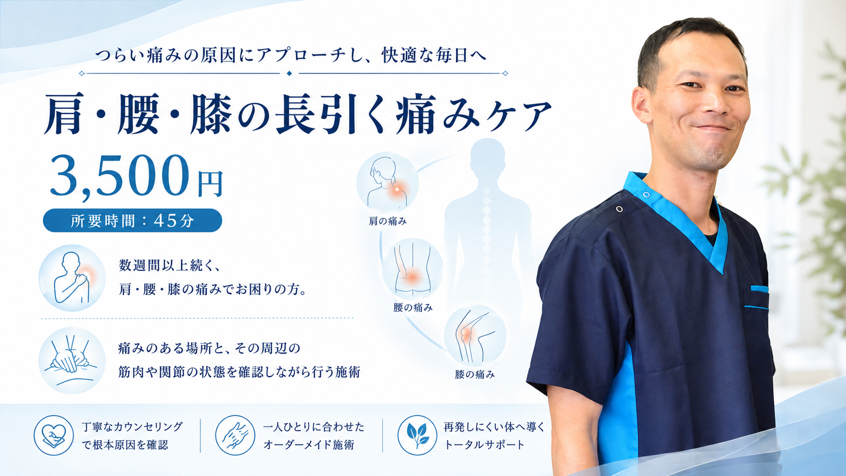 肩・腰・膝の長引く痛みケア 3,500円 45分のご案内